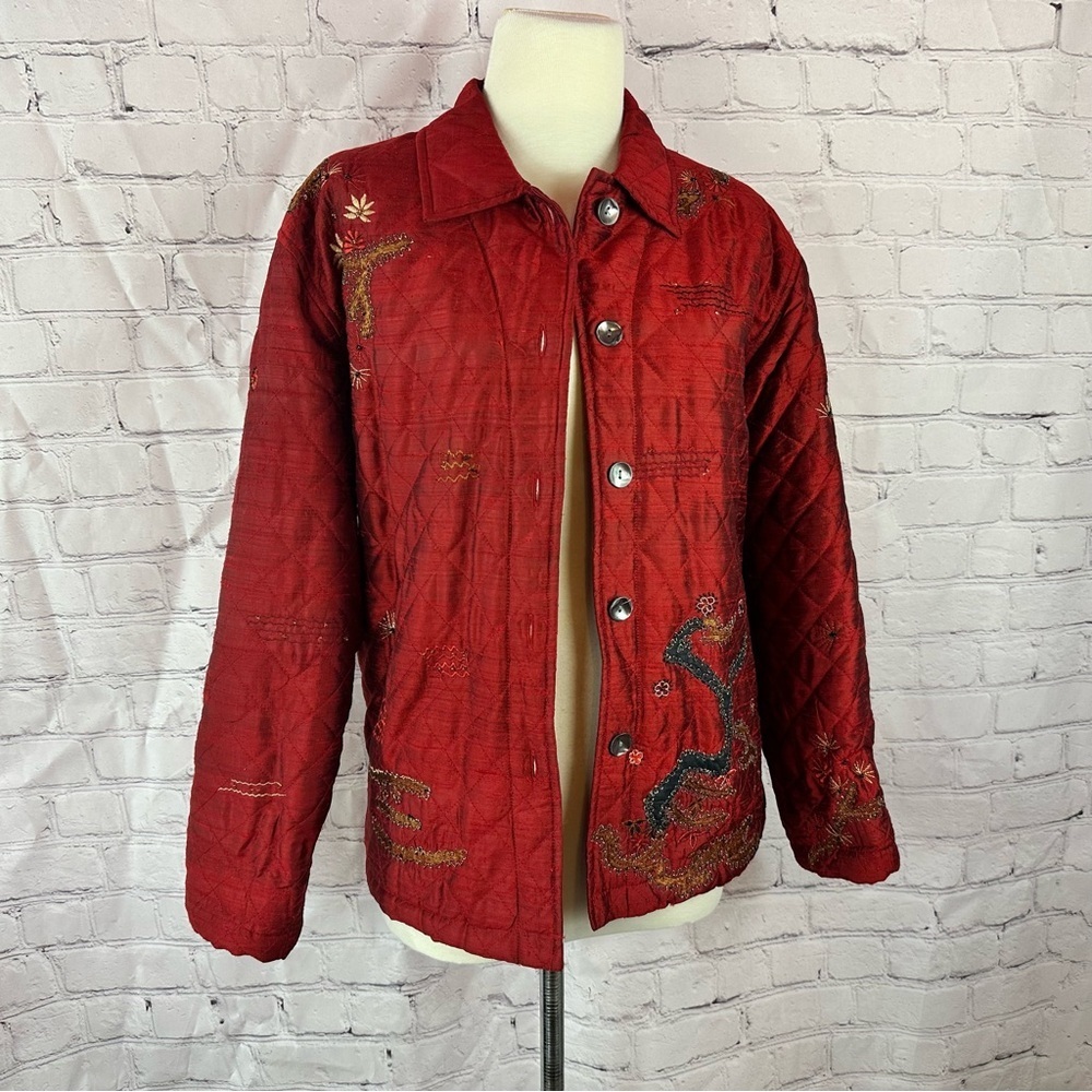 vtg Chico's design sz 1 Quilted embroidered silk Jacket womens M/8 dragon floral
